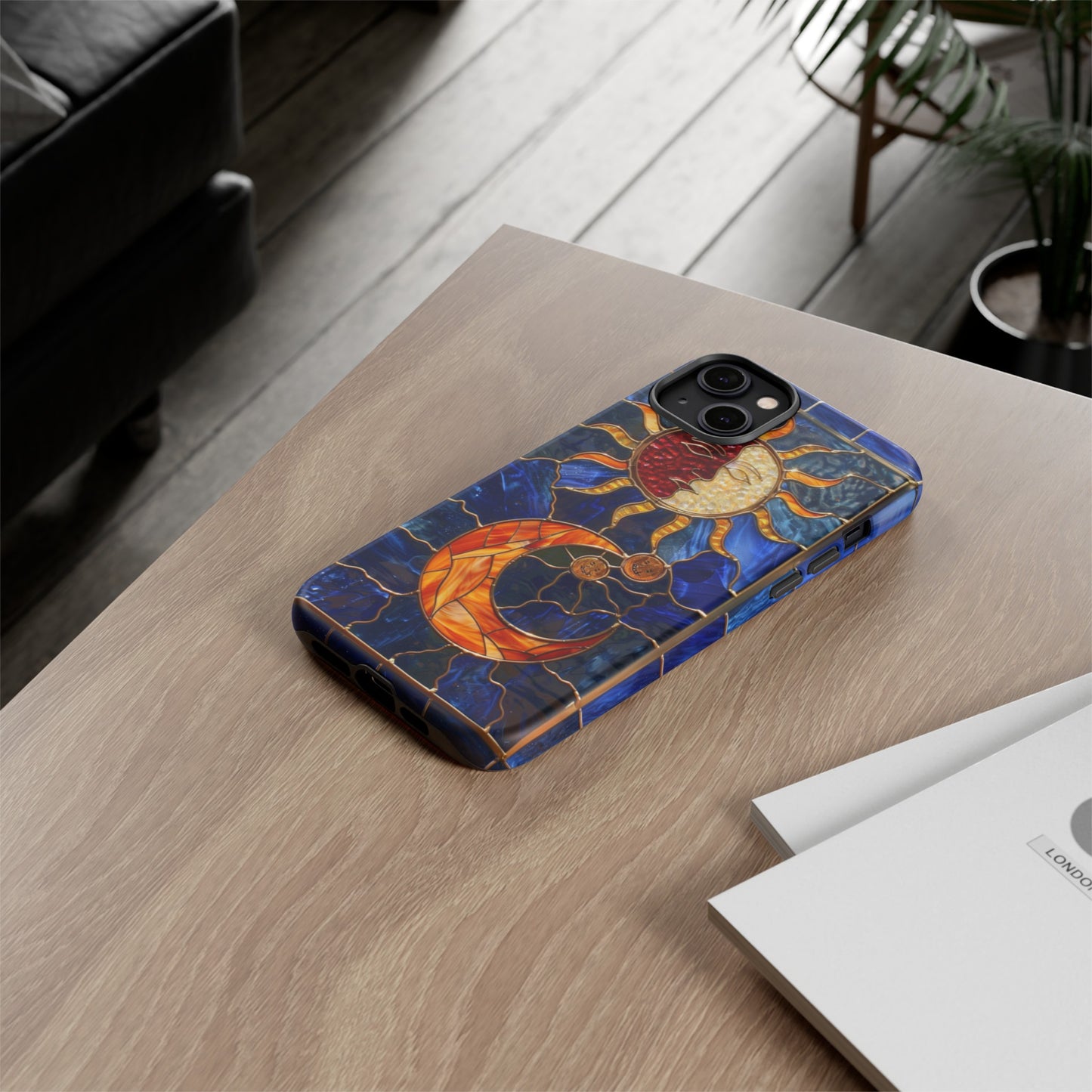 Celestial Stained Glass Moon and Stars iPhone 15 Case