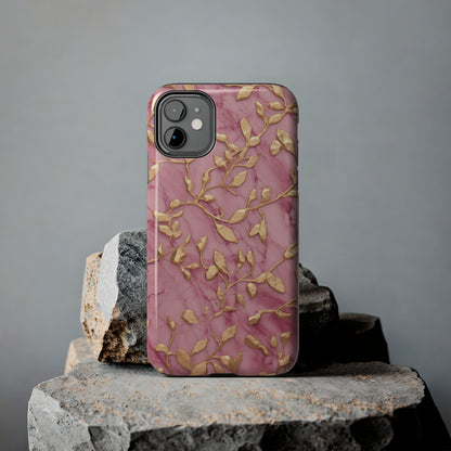 iPhone 14 Case Alluring Elegance: Pink & Gold Leaf Tough iPhone Case