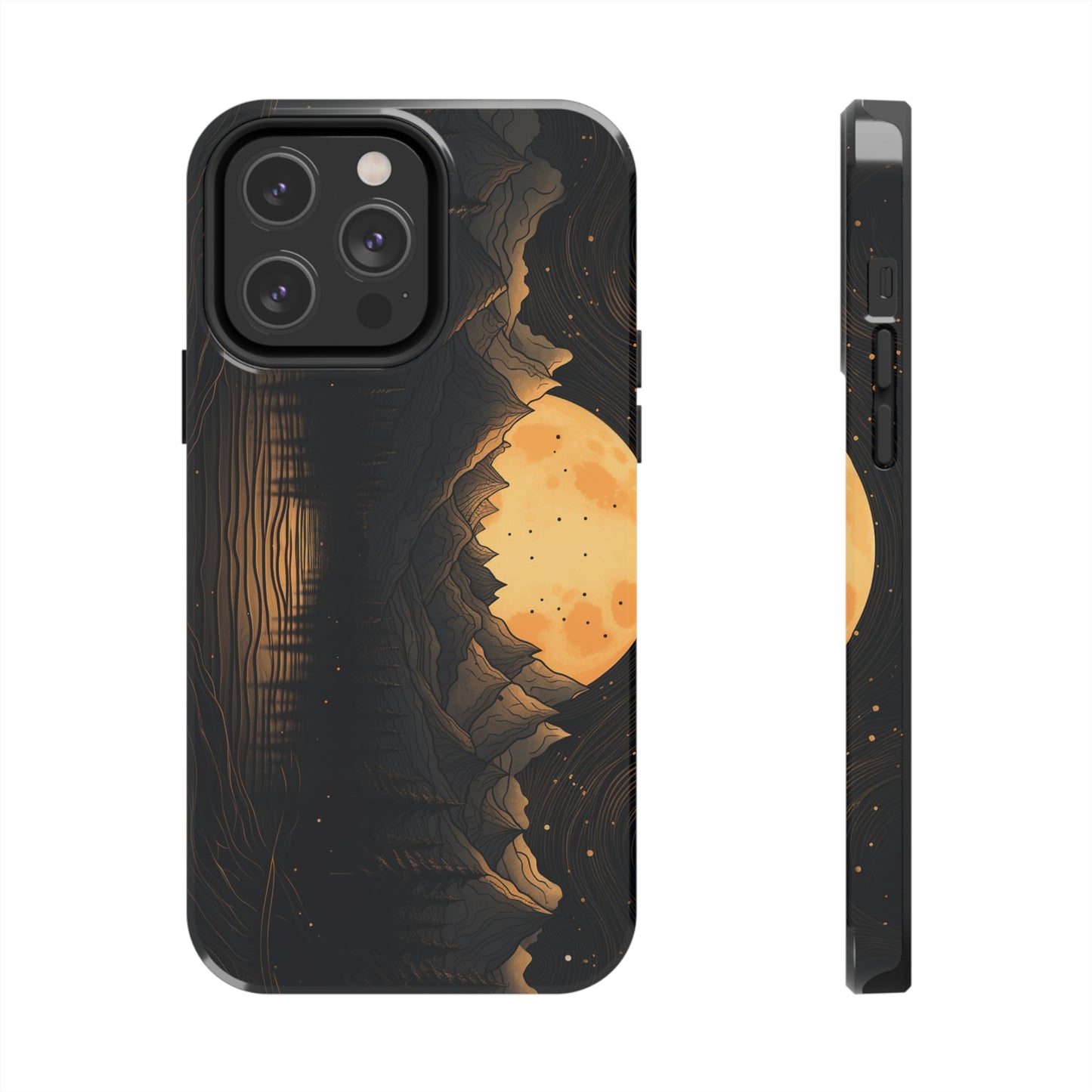 Abstract Landscape Black and Gold Mountains iPhone Case | Embrace the Mystical Full Moon