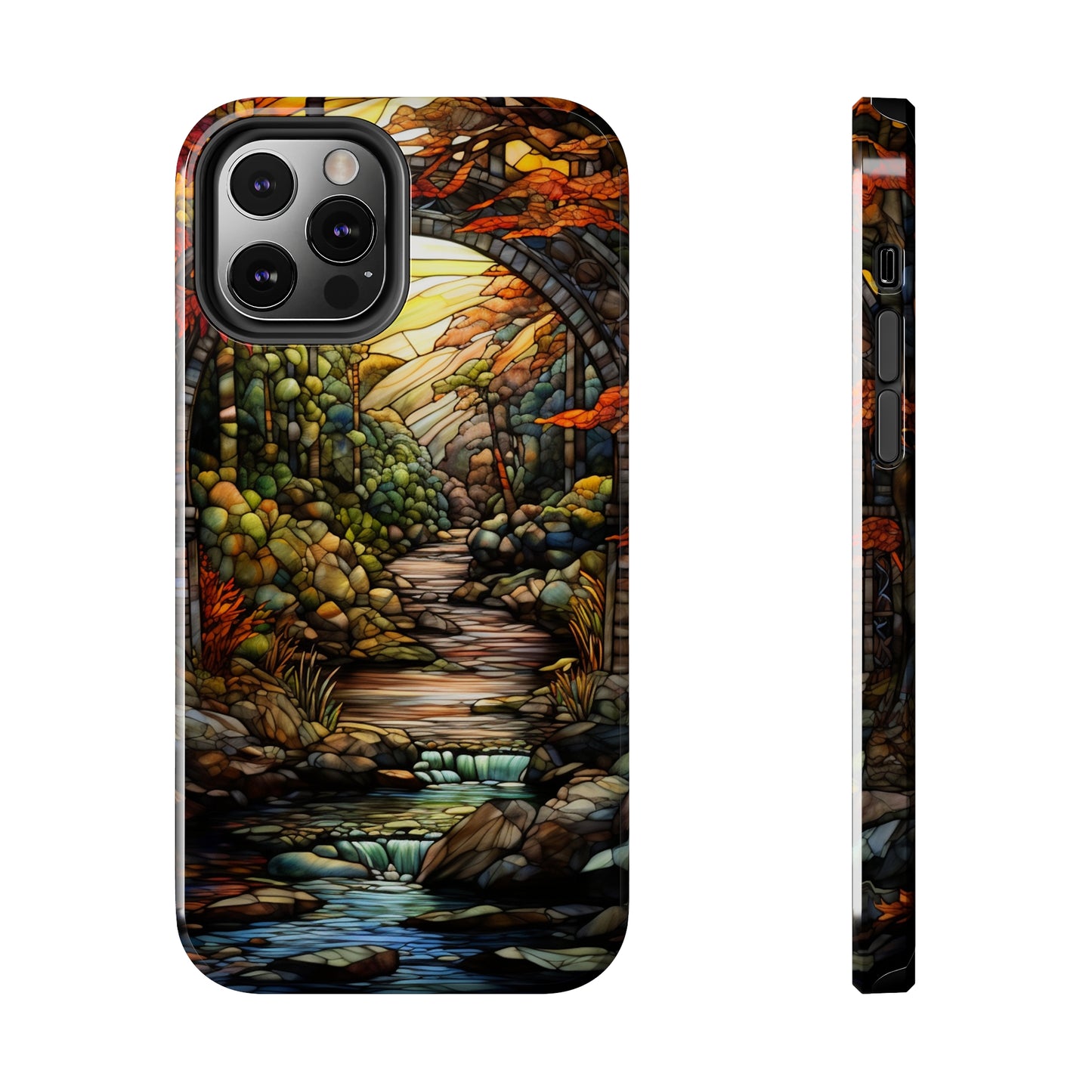 Stained Glass Stone Bridge and River: Floral Art Nouveau Phone Case | Bohemian Elegance for iPhone 14 down to iPhone 7 Models