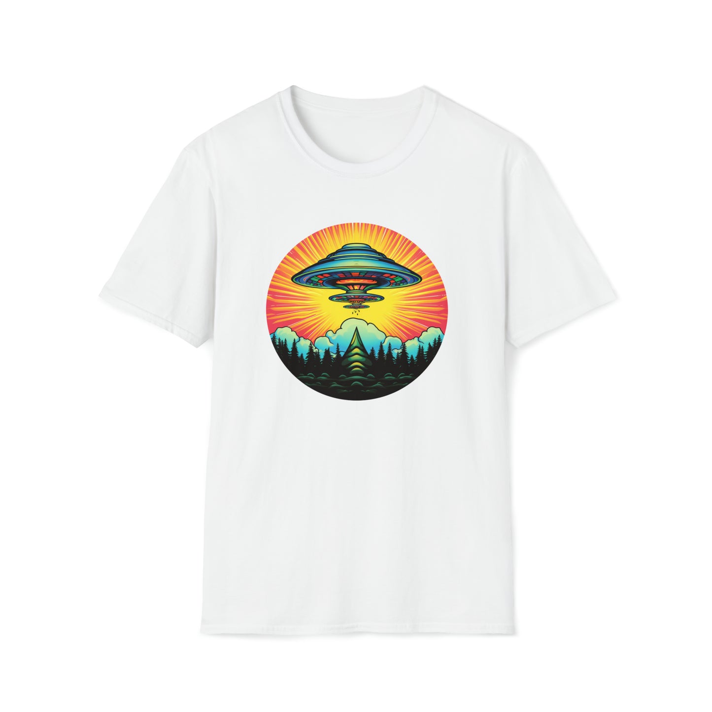 Trippy UFO Galactic Tee - Unisex Cosmic Alien Encounter T-Shirt, Vibrant Space Design