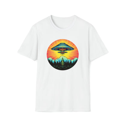 Trippy UFO Galactic Tee - Unisex Cosmic Alien Encounter T-Shirt, Vibrant Space Design