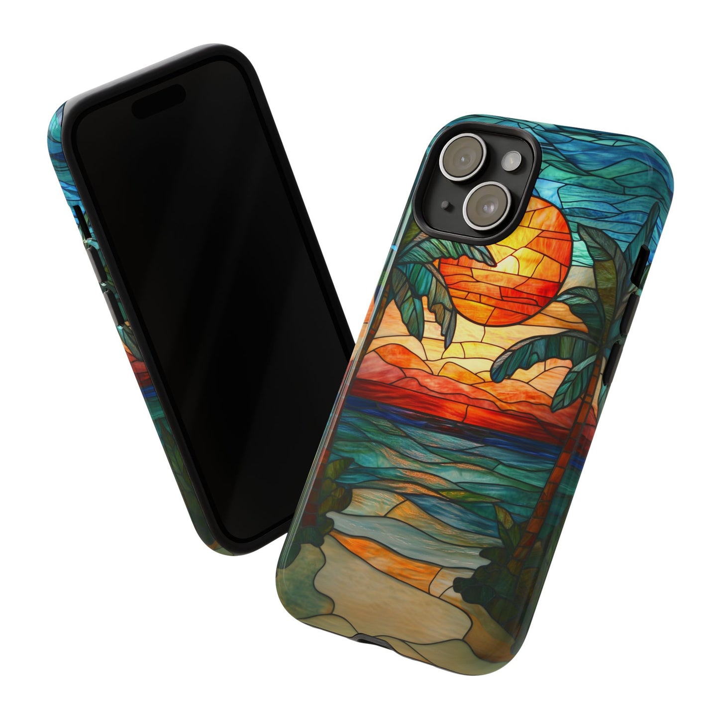 Tropical Stained Glass Palm tree Sunset Beach iPhone 15 Case