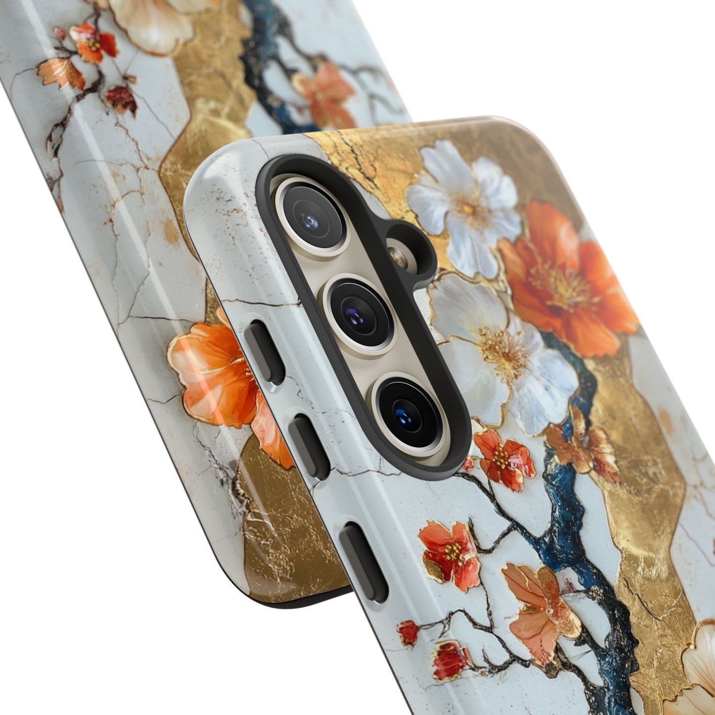 White Marble Style Floral Aesthetic Gold Inlay Japanese Art Phone Case