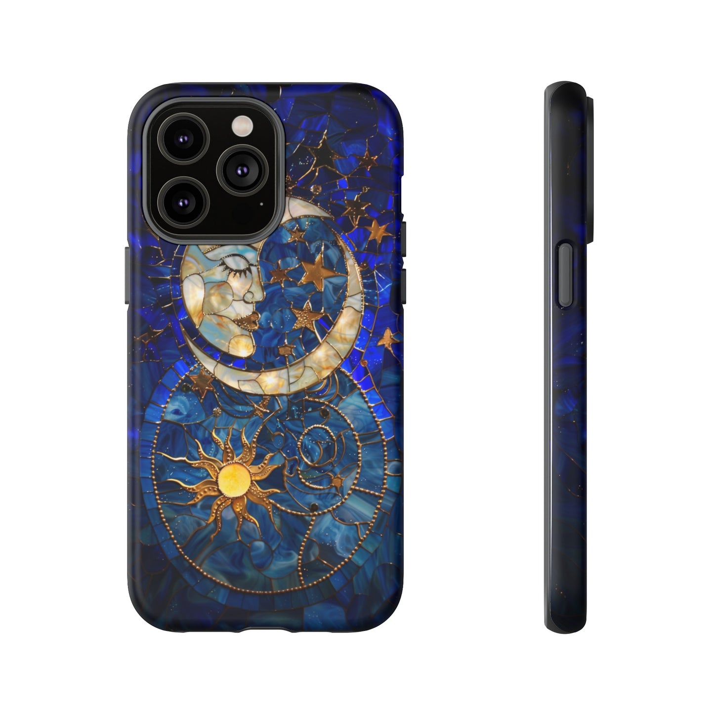 Celestial Stained Glass Moon and Stars Phone Case, Night Sky iPhone 15 Case