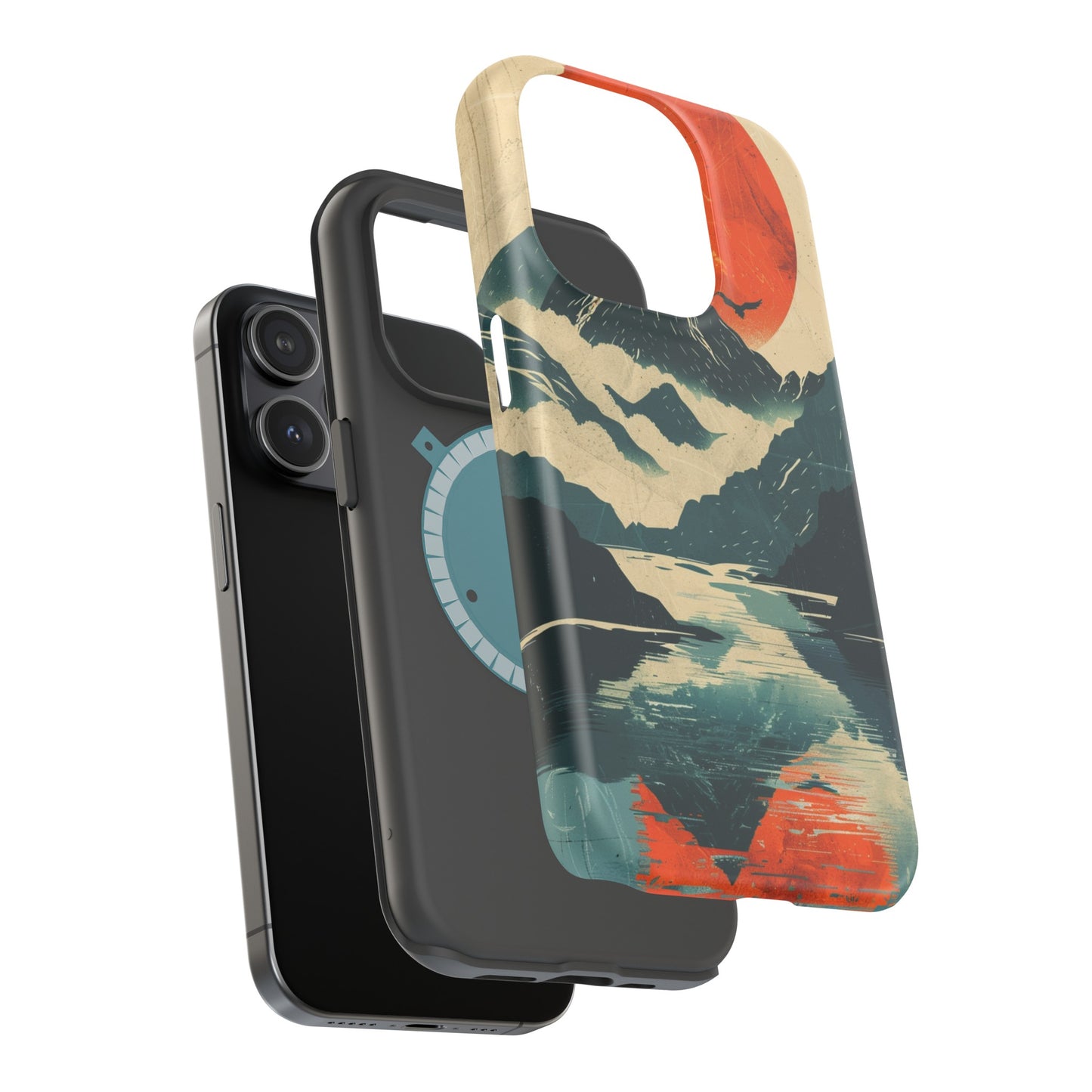 Retro iPhone Case Mountain Sunset Lake Reflection MagSafe Phone Case