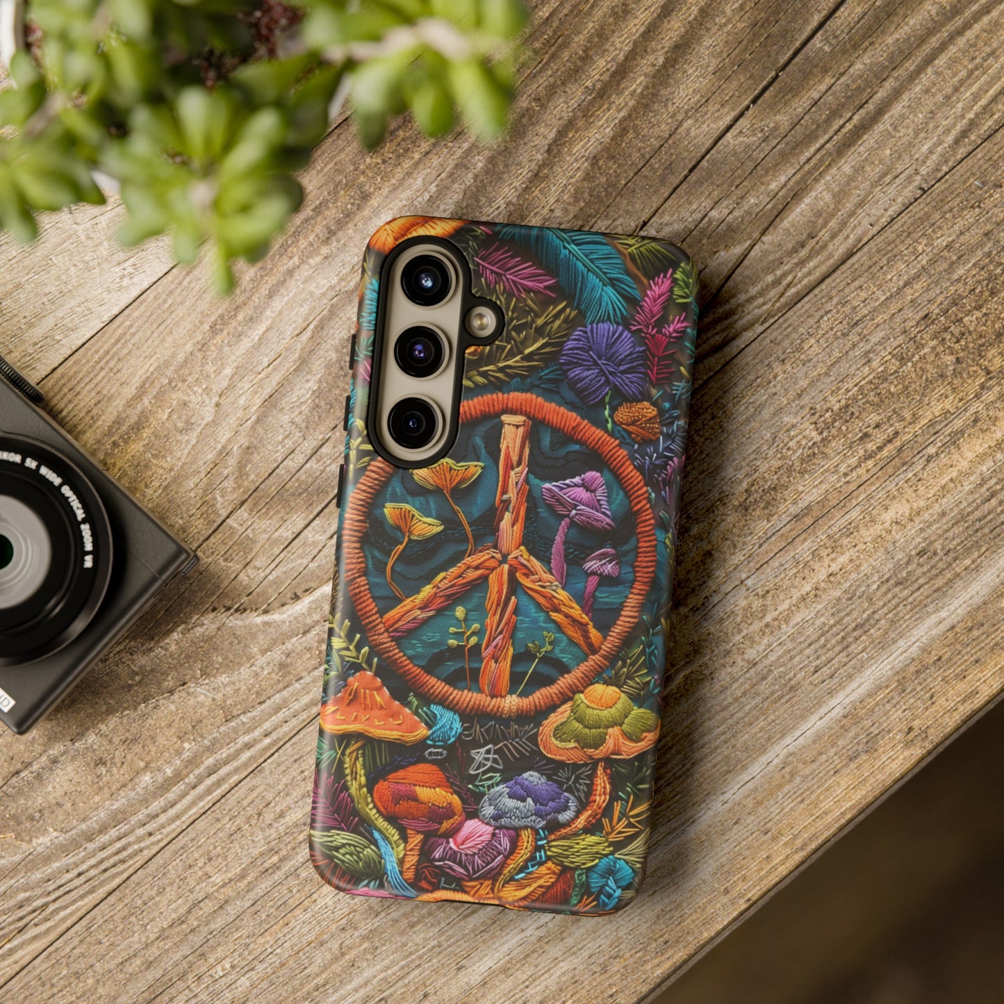 Embroidery Style Magic Mushrooms and Peace Sign Phone Case