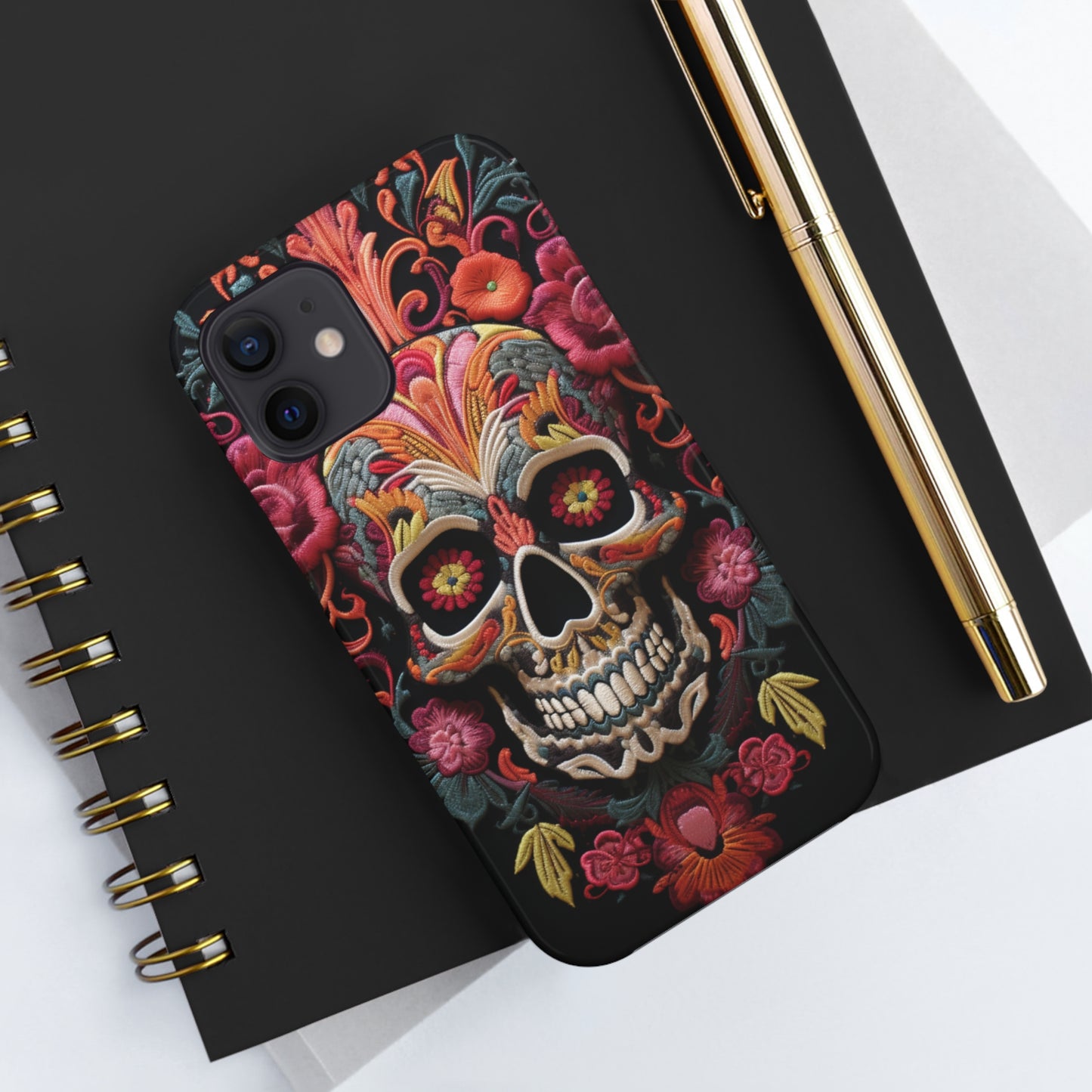 Embroidery Style Sugar Skulls Goth Dark Academia Tough Case iPhone, Edgy Cover, iPhone 14 Plus 13 12 7 8 Se Trendy Halloween Retro Vibe