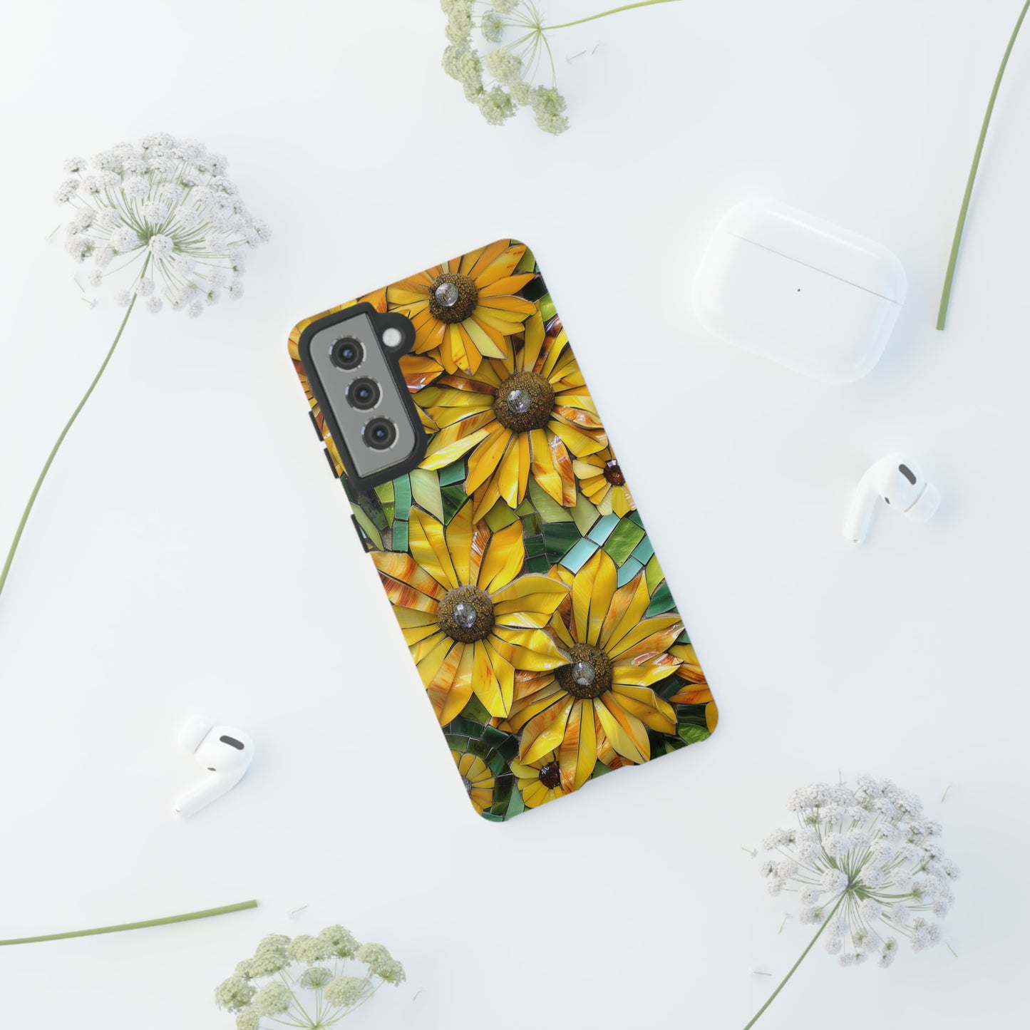 Yellow and Gold Daisy Mosaic Stained Glass Phone Case for iPhone 15, 14, Pro Max, 13, 12 & Samsung Galaxy S23, S22, S21, Google Pixel