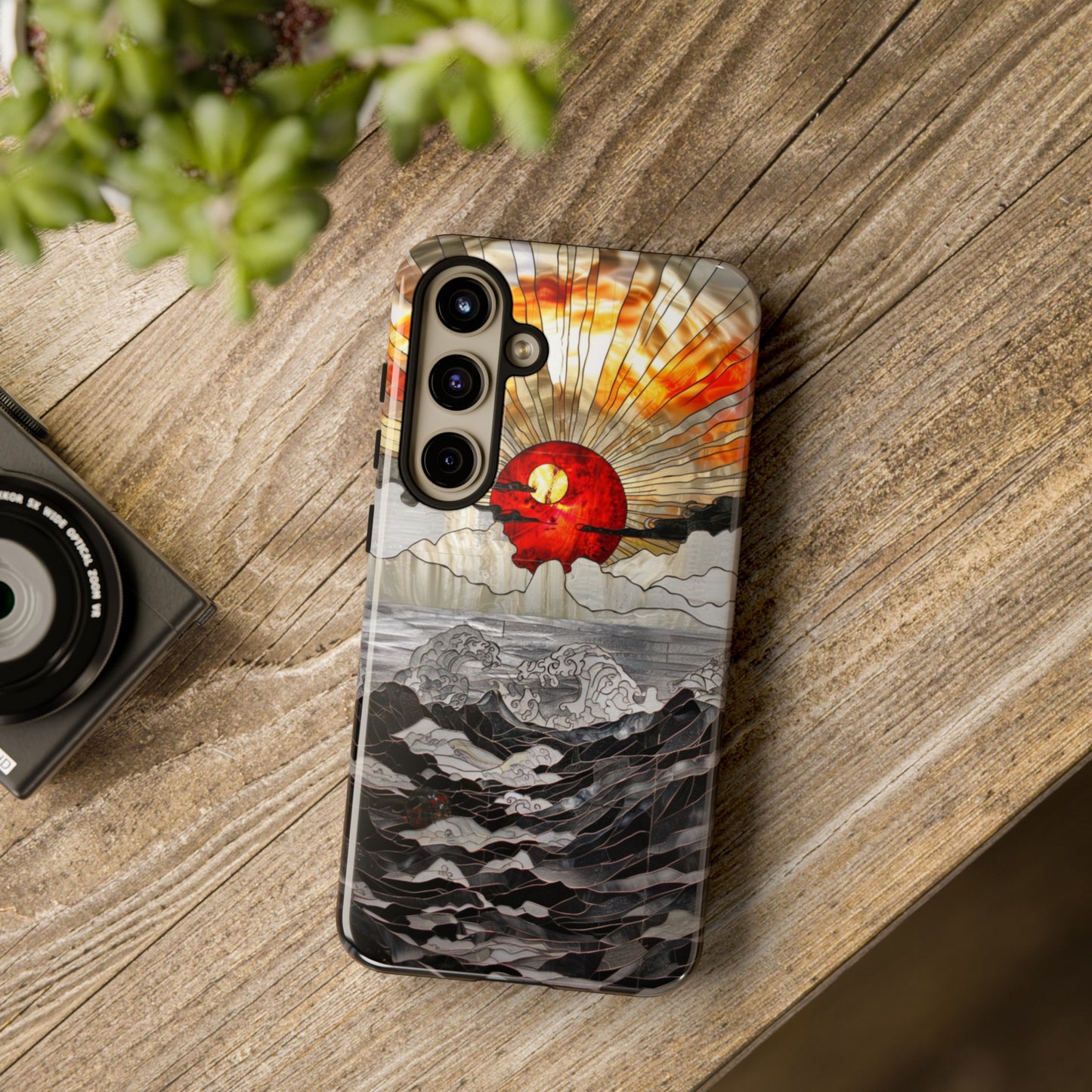 Japanese Rising Sun Phone Case Stained Glass Ocean Wave Phone Cover iPhone 15 Case