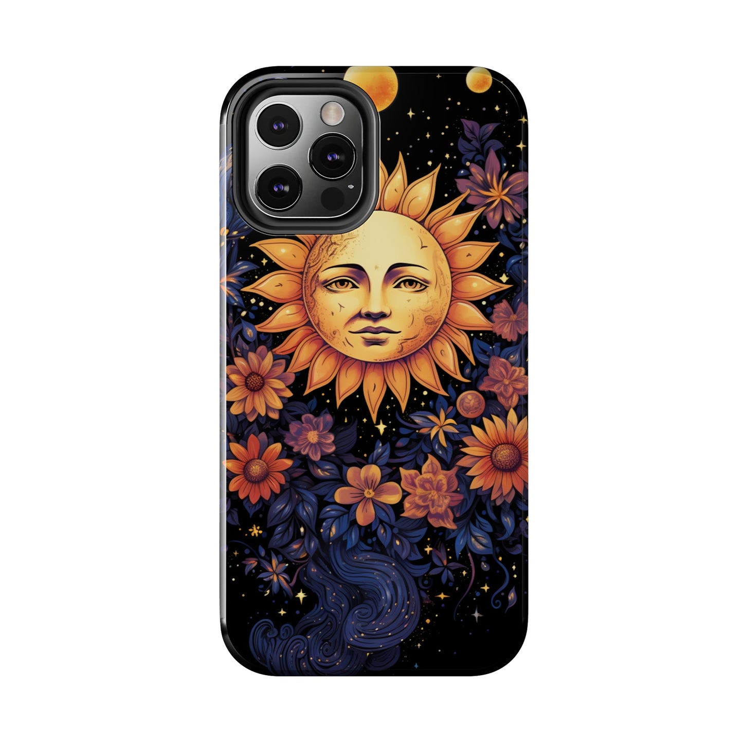 Protective iPhone 11 and 14 case with sun, moon, and flower designs