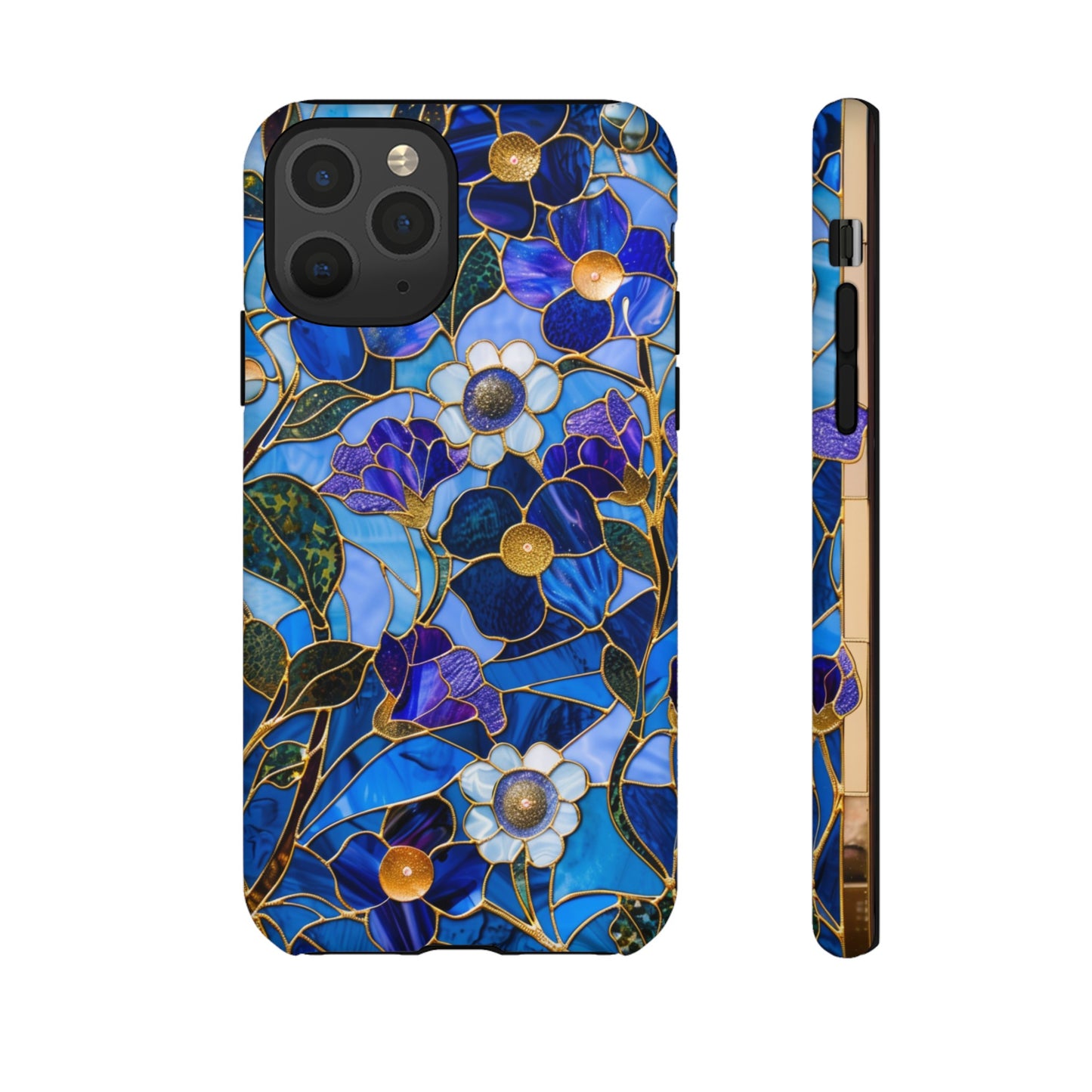 Blue Floral Stained Glass Gold Inlay Wild Flowers Phone Case