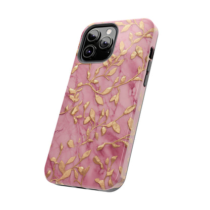 iPhone 14 Case Alluring Elegance: Pink & Gold Leaf Tough iPhone Case