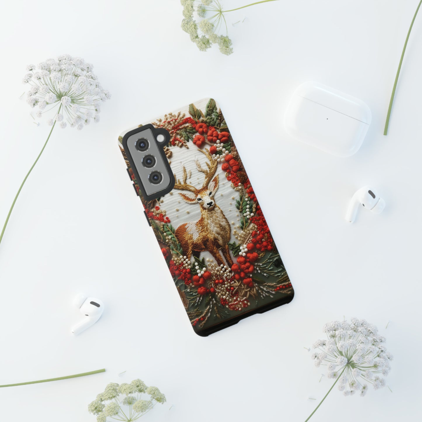 Embroidery Christmas Deer Floral Phone Case