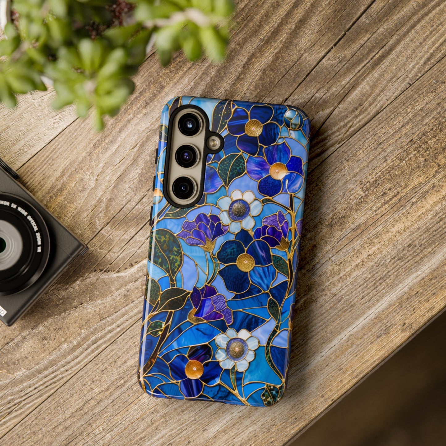 Blue Floral Stained Glass Gold Inlay Wild Flowers Phone Case