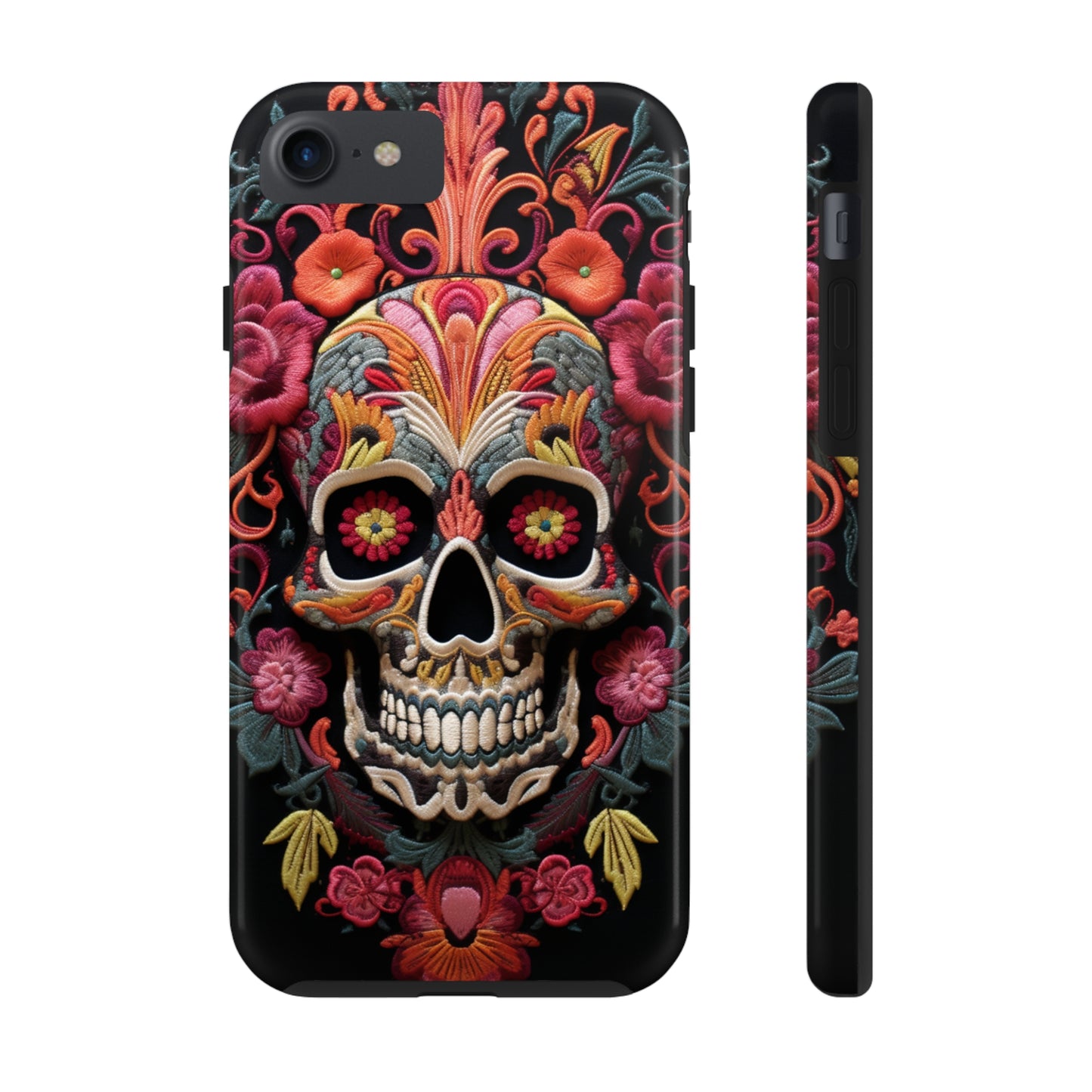 Embroidery Style Sugar Skulls Goth Dark Academia Tough Case iPhone, Edgy Cover, iPhone 14 Plus 13 12 7 8 Se Trendy Halloween Retro Vibe