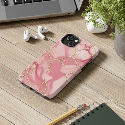 iPhone Elegance Unveiled: Pink & Gold Leaf Marble | Premium Tough iPhone Case