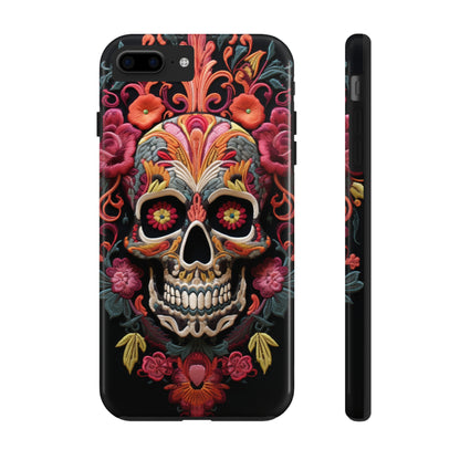 Embroidery Style Sugar Skulls Goth Dark Academia Tough Case iPhone, Edgy Cover, iPhone 14 Plus 13 12 7 8 Se Trendy Halloween Retro Vibe