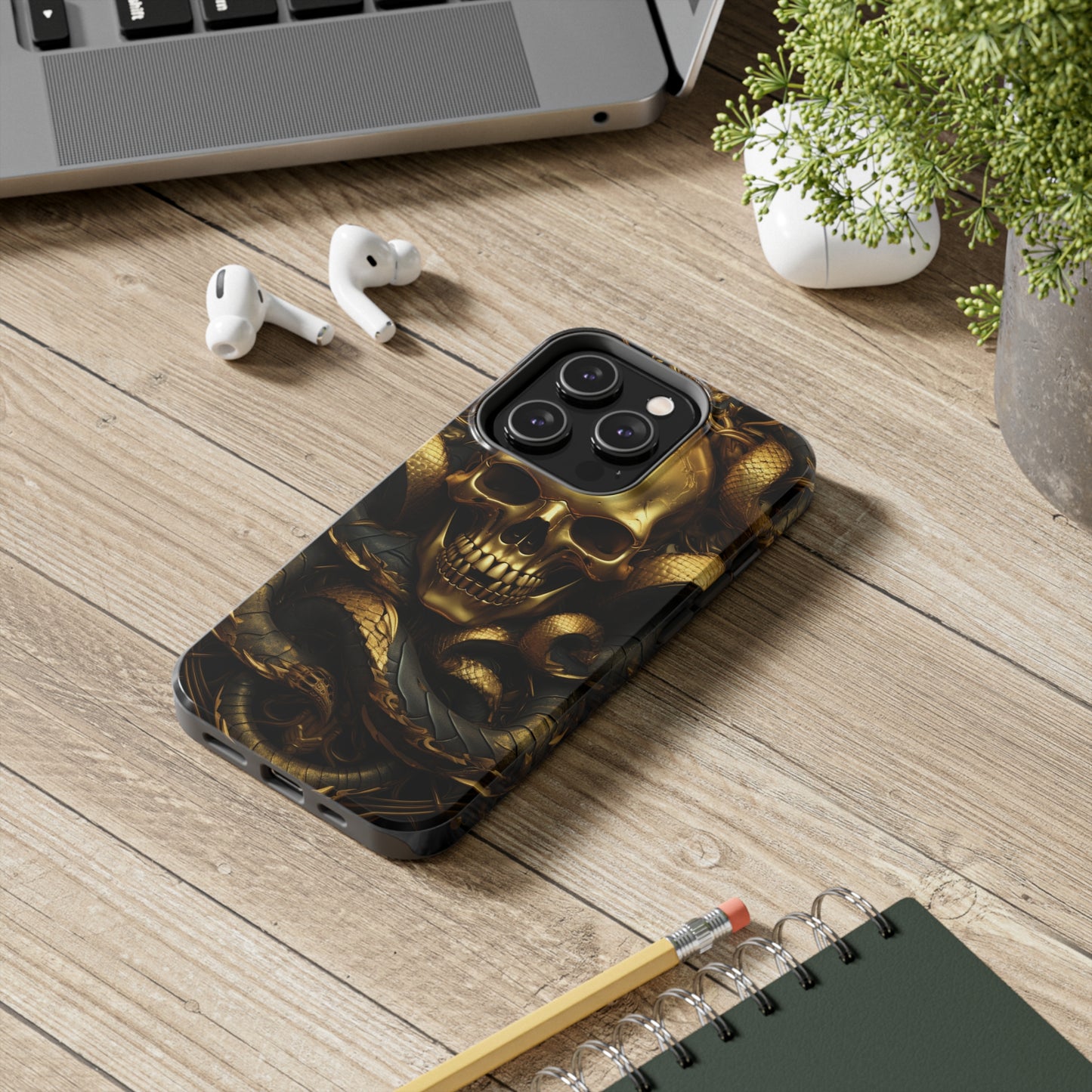 iPhone 14 Case Dark Elegance: Gold Skulls and Snakes Tough iPhone Case | An Edgy Goth Delight