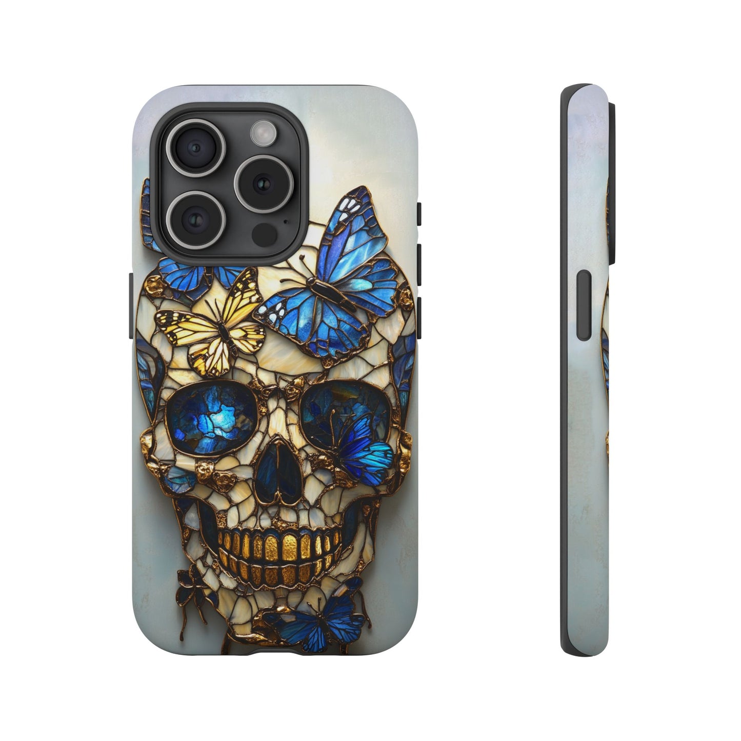 Gold and Blue Stained Glass Skull and Butterflies Phone Cover