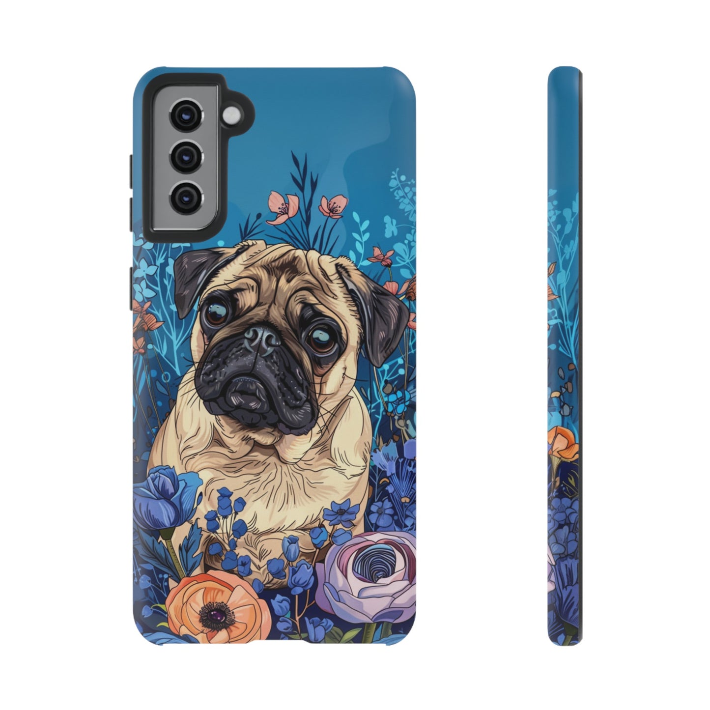 Cute Pug Dog Blue Floral Design Phone Case