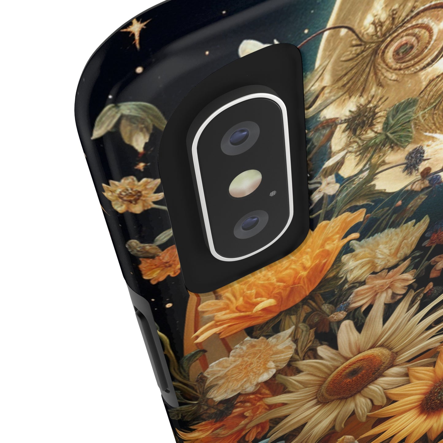 Celestial Charm: iPhone Case with Boho Cottagecore Fusion of Floral, Sun, Moon & Stars