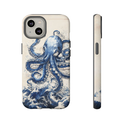 Vintage Japanese Art Style Blue Octopus and Waves Phone Cover