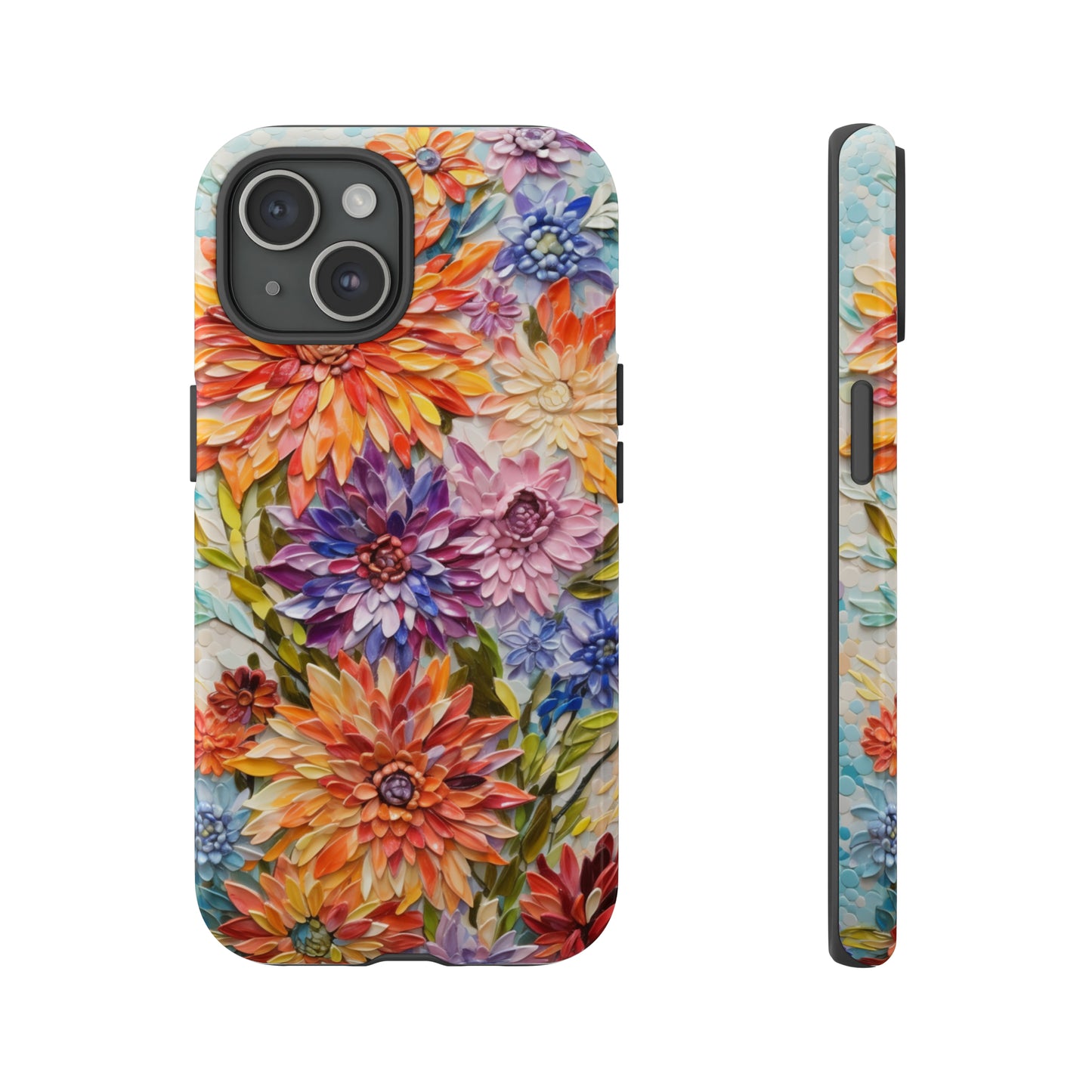 Floral color explosion mosaic design on iPhone 15 case