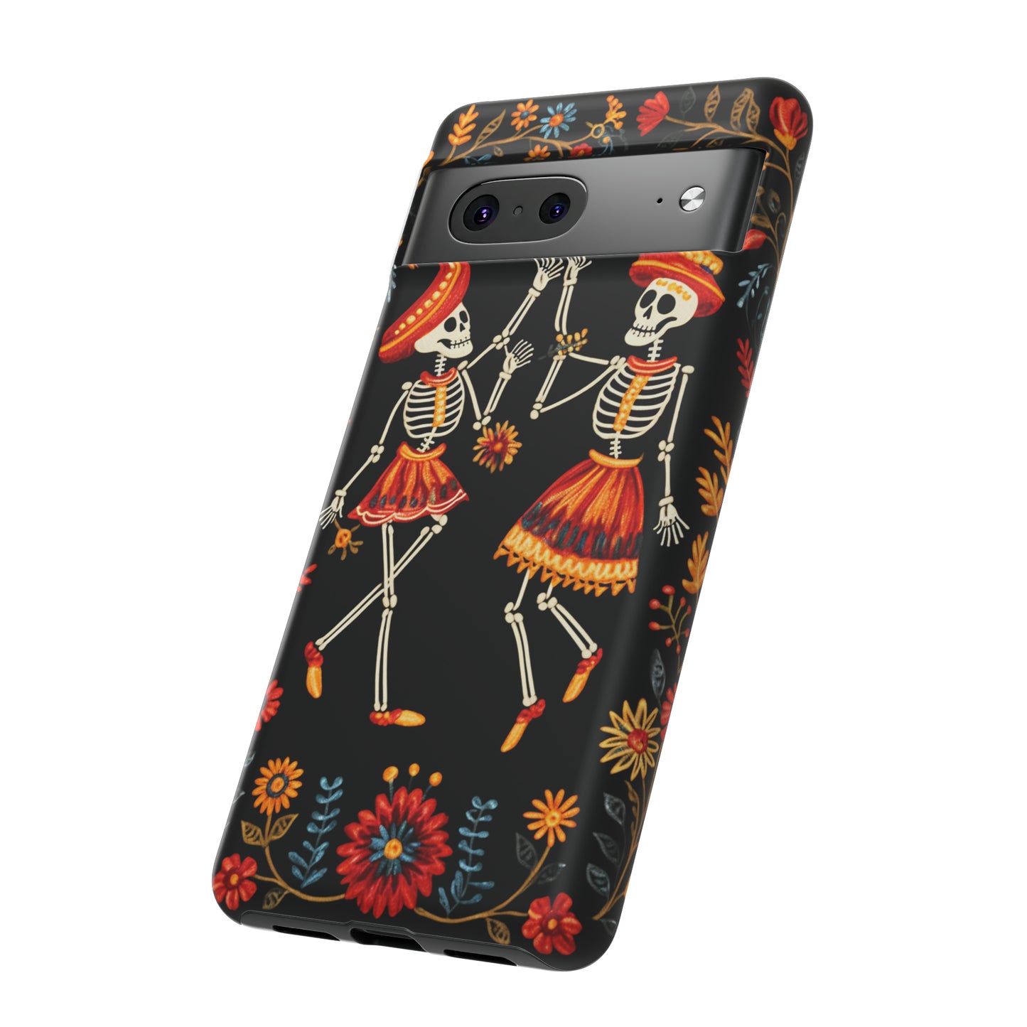 Dead Can Dance, iPhone 15 case, Floral Embroidery Skeletons | Whimsical Dance of the Departed for Google Pixel, iPhone & Samsung Galaxy