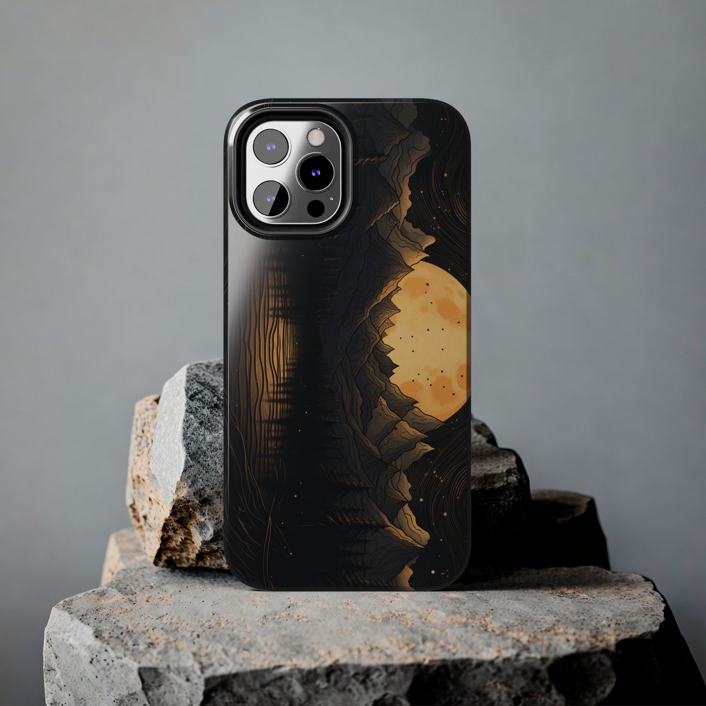 Abstract Landscape Black and Gold Mountains iPhone Case | Embrace the Mystical Full Moon