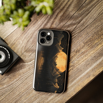 Abstract Landscape Black and Gold Mountains iPhone Case | Embrace the Mystical Full Moon