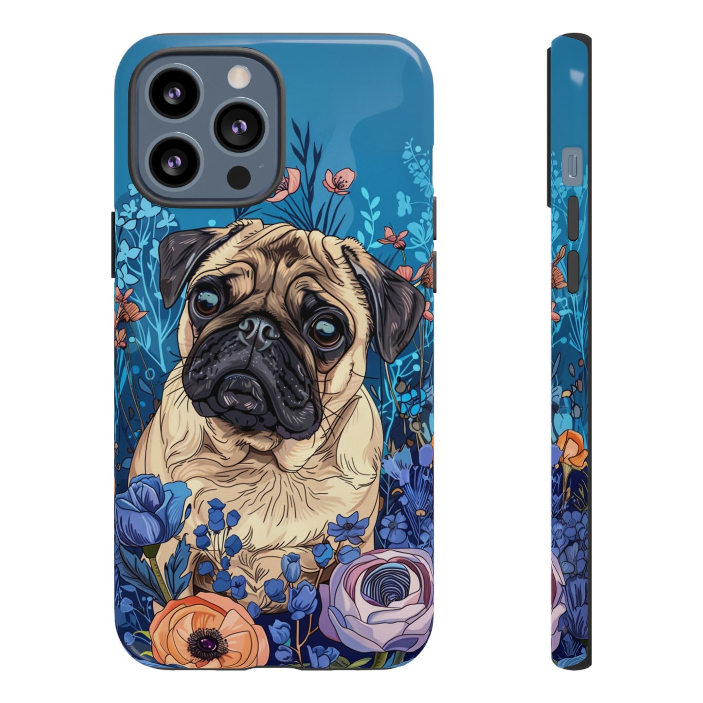 Cute Pug Dog Blue Floral Design Phone Case