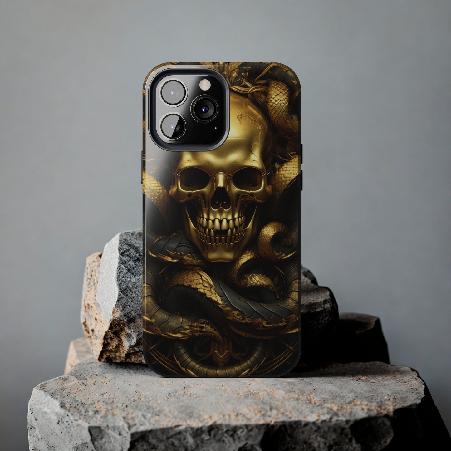 iPhone 14 Case Dark Elegance: Gold Skulls and Snakes Tough iPhone Case | An Edgy Goth Delight