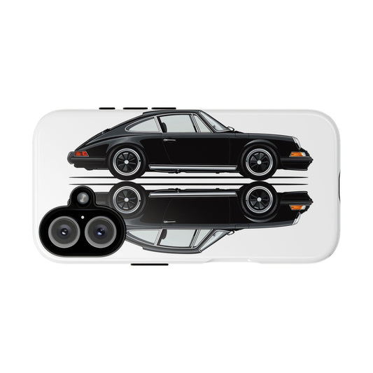 Black Porsche 911 phone case for iPhone 16 with luxury design