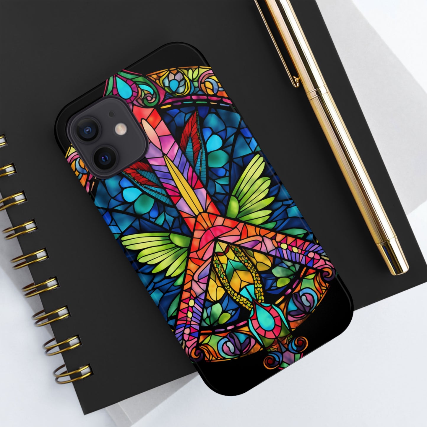 Peace Stained Glass Tough iPhone Case | Trippy Psychedelic Art Flowers Floral Aesthetic Retro iPhone 14 Plus 13 12 7 8 Se Trendy Hippie Boho