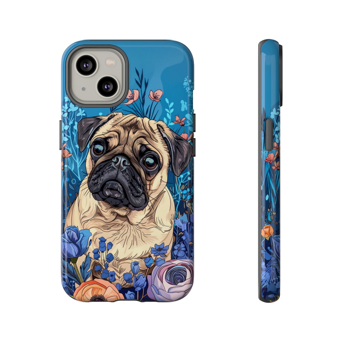 Cute Pug Dog Blue Floral Design Phone Case