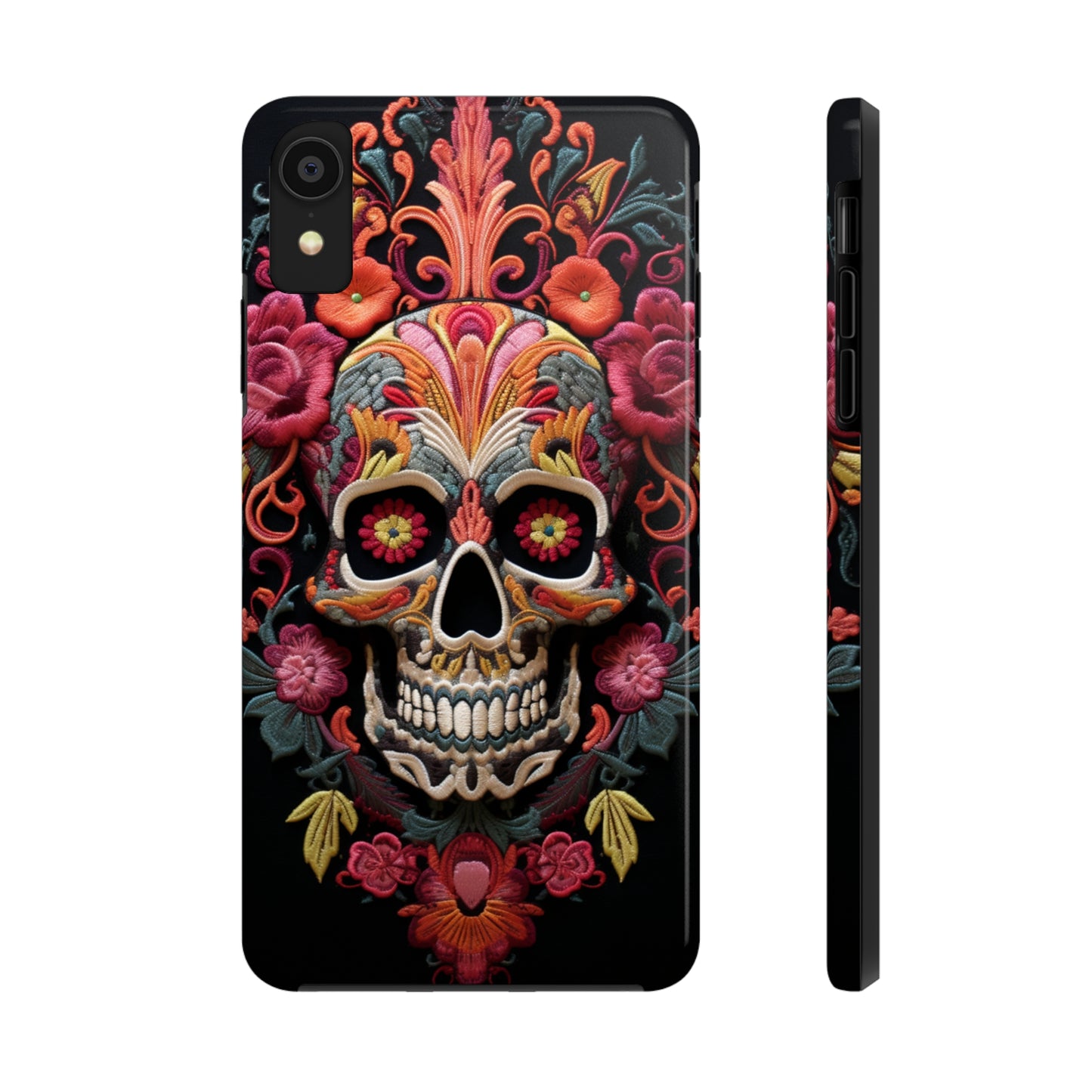 Embroidery Style Sugar Skulls Goth Dark Academia Tough Case iPhone, Edgy Cover, iPhone 14 Plus 13 12 7 8 Se Trendy Halloween Retro Vibe