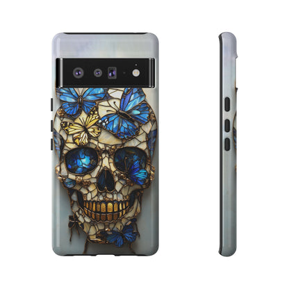 Gold and Blue Stained Glass Skull and Butterflies Phone Cover