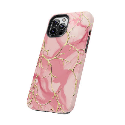 iPhone Elegance Unveiled: Pink & Gold Leaf Marble | Premium Tough iPhone Case