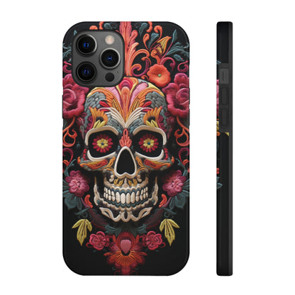 Embroidery Style Sugar Skulls Goth Dark Academia Tough Case iPhone, Edgy Cover, iPhone 14 Plus 13 12 7 8 Se Trendy Halloween Retro Vibe