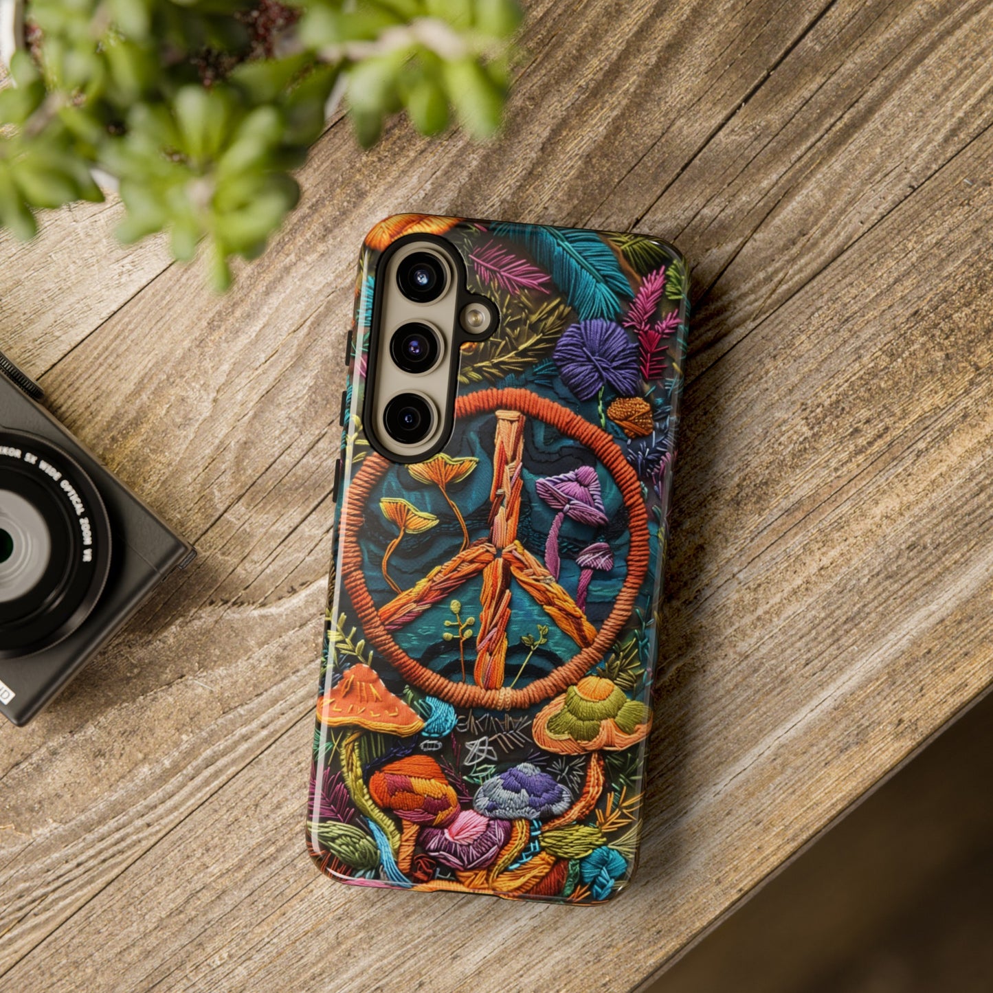 Embroidery Style Magic Mushrooms and Peace Sign Phone Case