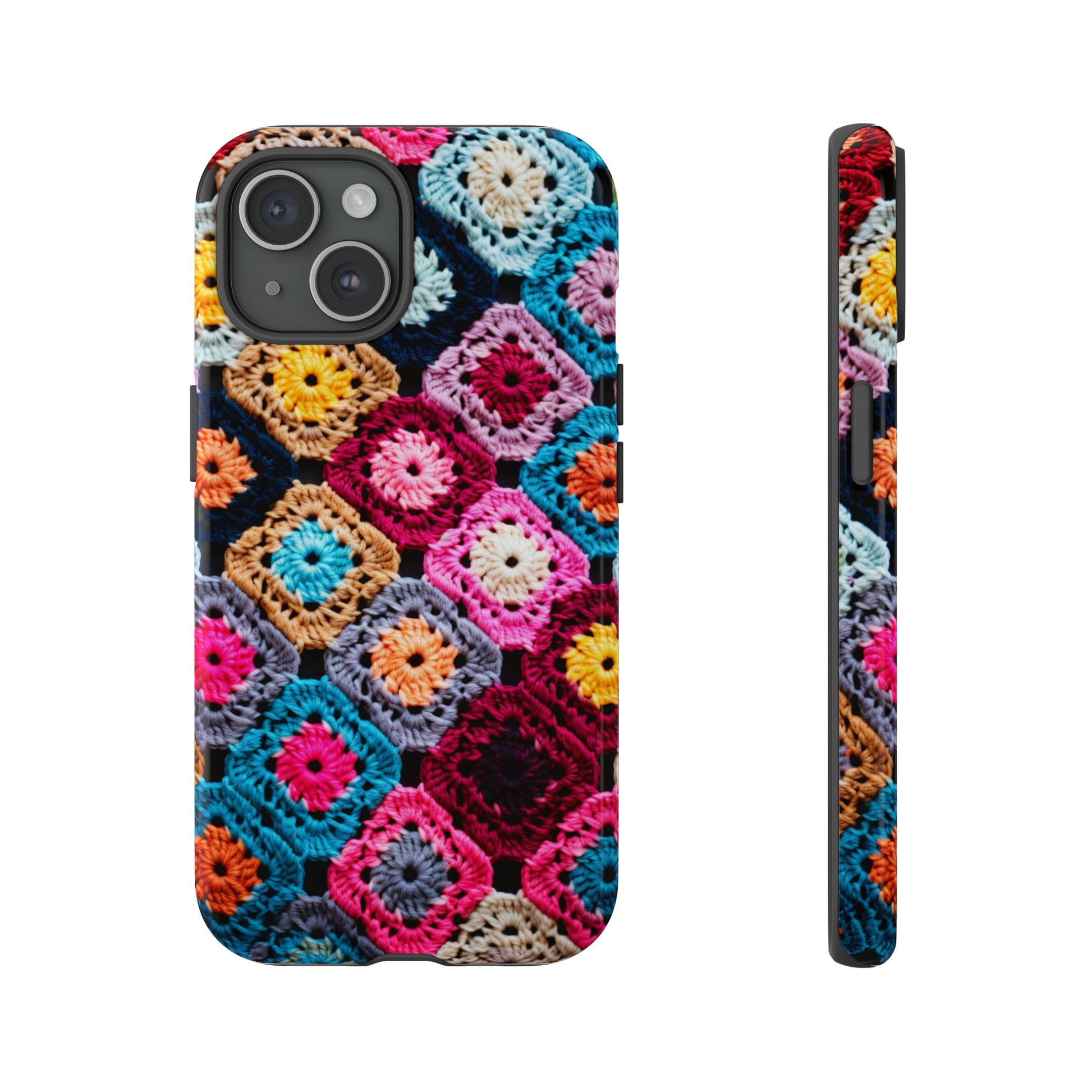 Faux knit granny square phone case in warm fall colors