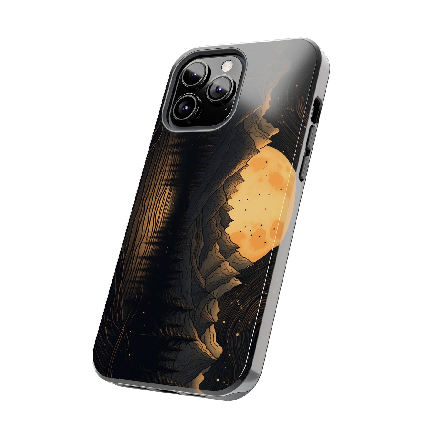 Abstract Landscape Black and Gold Mountains iPhone Case | Embrace the Mystical Full Moon