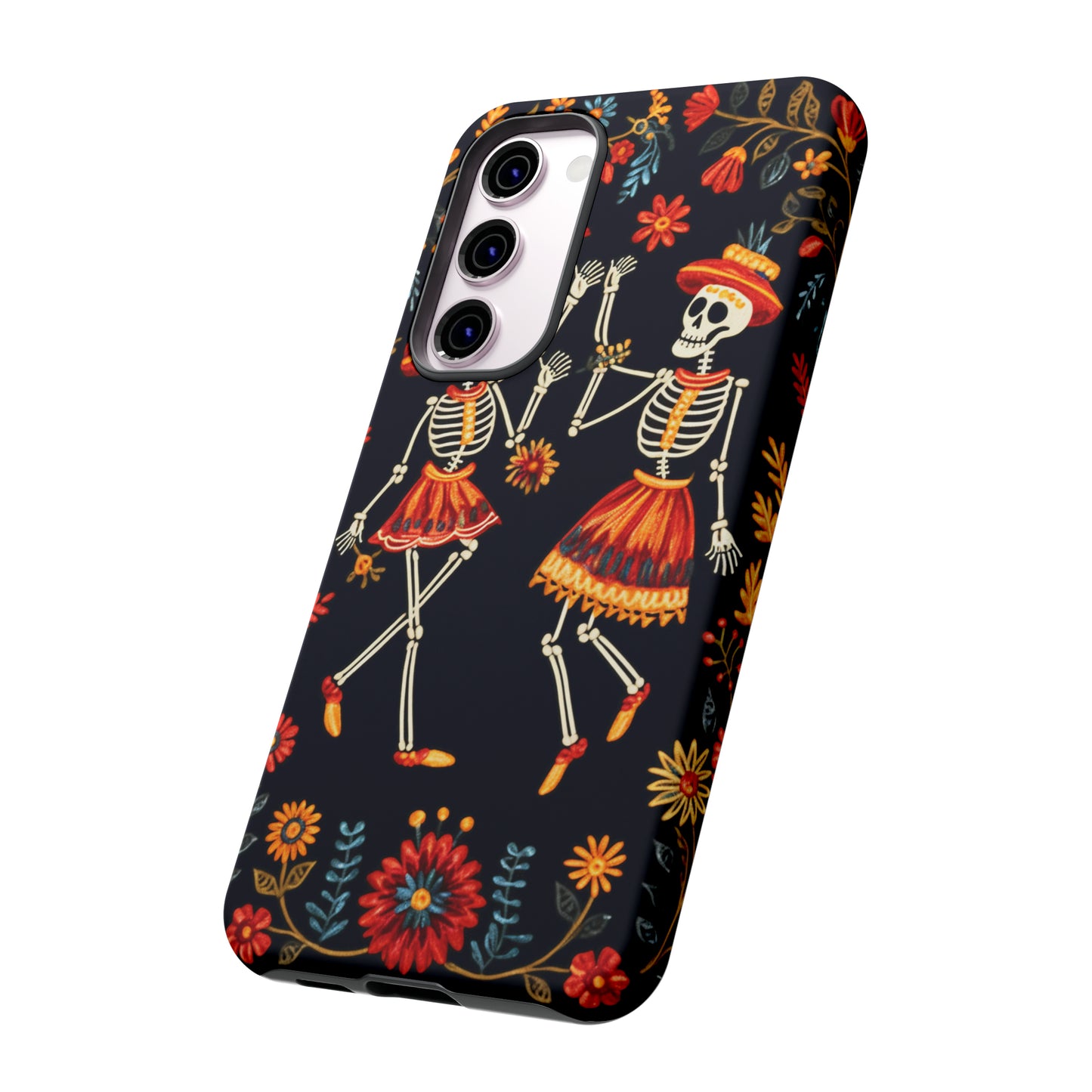 Dead Can Dance, iPhone 15 case, Floral Embroidery Skeletons | Whimsical Dance of the Departed for Google Pixel, iPhone & Samsung Galaxy