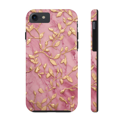 iPhone 14 Case Alluring Elegance: Pink & Gold Leaf Tough iPhone Case