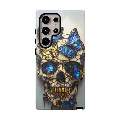 Gold and Blue Stained Glass Skull and Butterflies Phone Cover