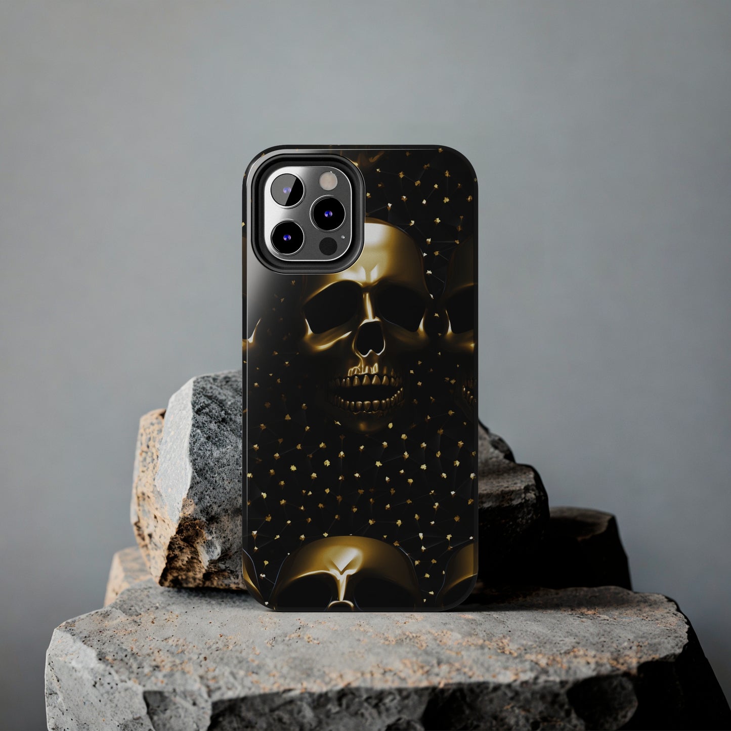 iPhone Tough Case | Dark Decadence: Gothic Gold Skulls and Studs  | Unveil Your Edgy Elegance