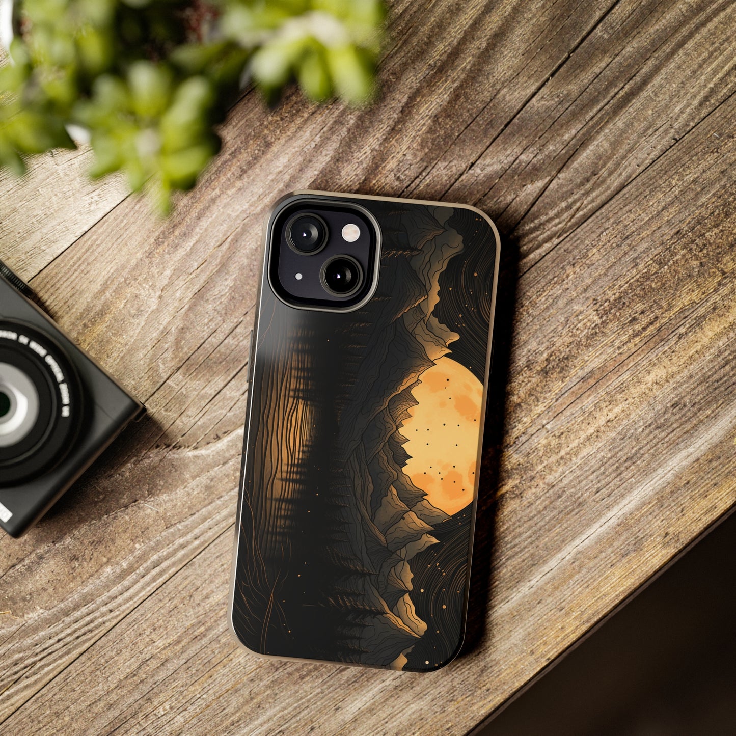 Abstract Landscape Black and Gold Mountains iPhone Case | Embrace the Mystical Full Moon