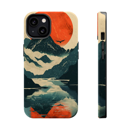 Retro iPhone Case Mountain Sunset Lake Reflection MagSafe Phone Case