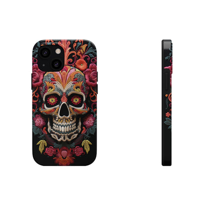 Embroidery Style Sugar Skulls Goth Dark Academia Tough Case iPhone, Edgy Cover, iPhone 14 Plus 13 12 7 8 Se Trendy Halloween Retro Vibe